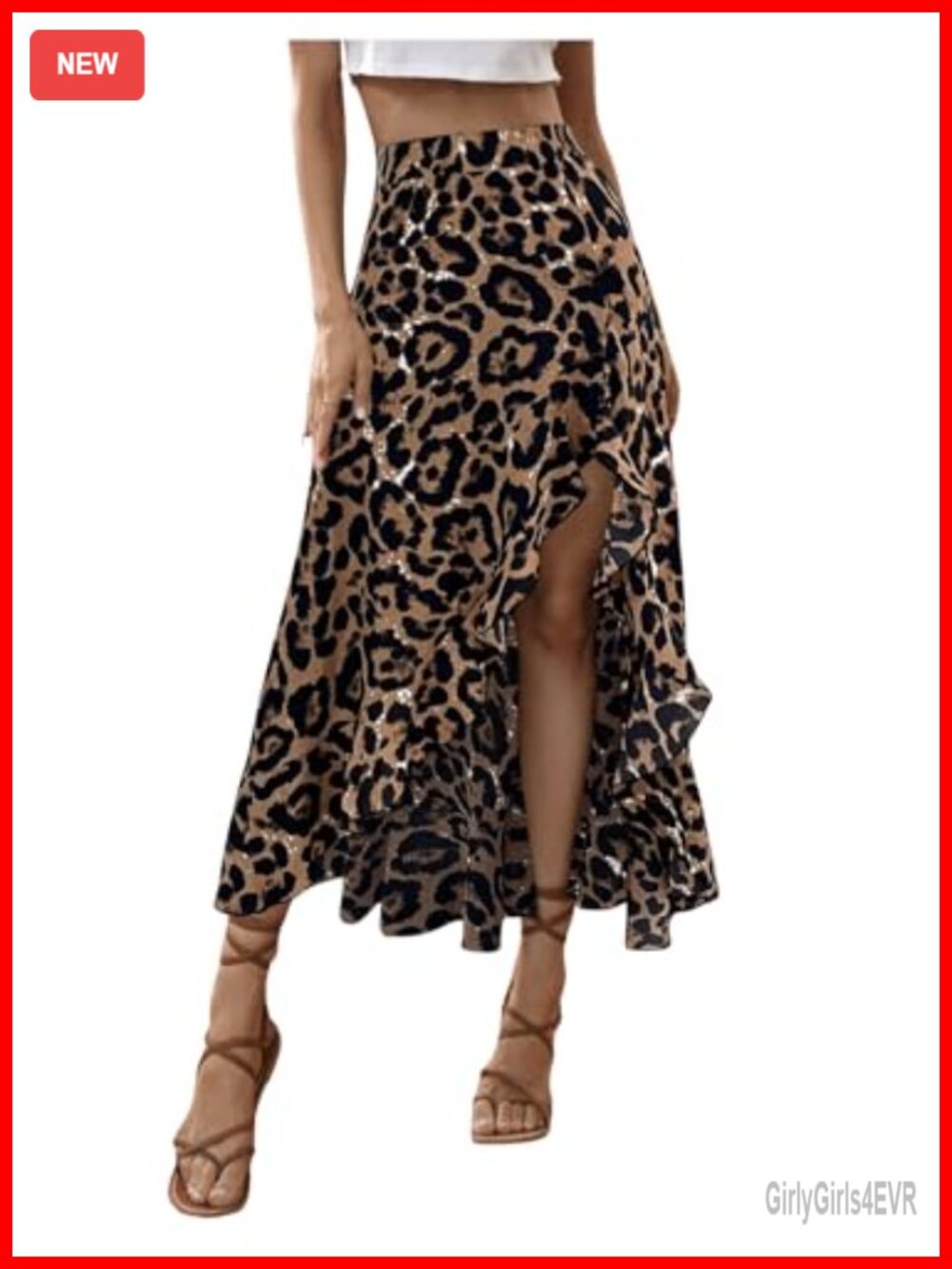 Ruffle High Low Midi Skirt Slit High Waisted Flowy Leopard Print